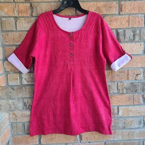 Womens Top Blouse Tunic Henley 3/4 Sleeves Roll Tab Bright Pink Size XXL